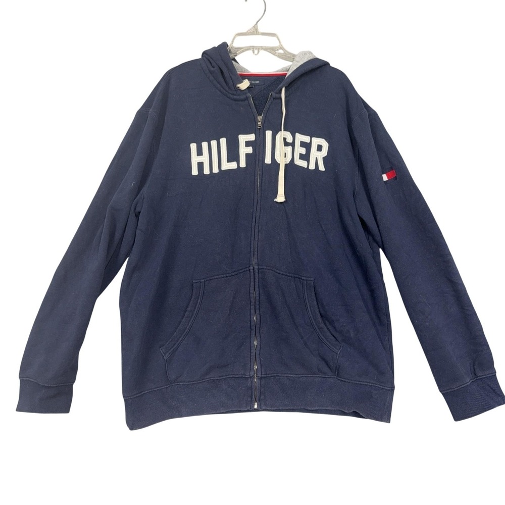 Tommy‎ Hilfiger Hoodie Mens 2XL Blue Full Zip Fleece HILFIGER Logo Sweatshirt